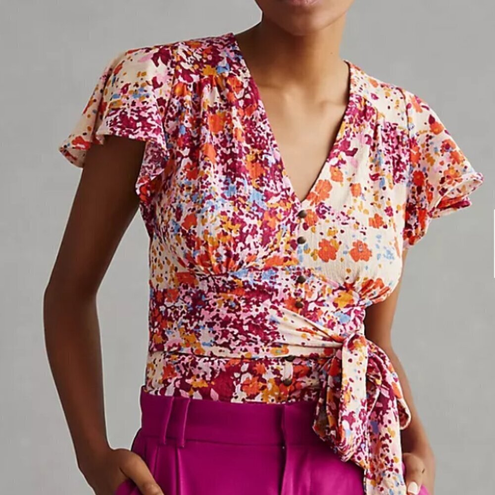 NWT Anthropologie V-Neck Flutter Hem Top Size LP